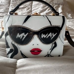 Graphic Sunglasses Box Handbag - White with Black & Red Accents